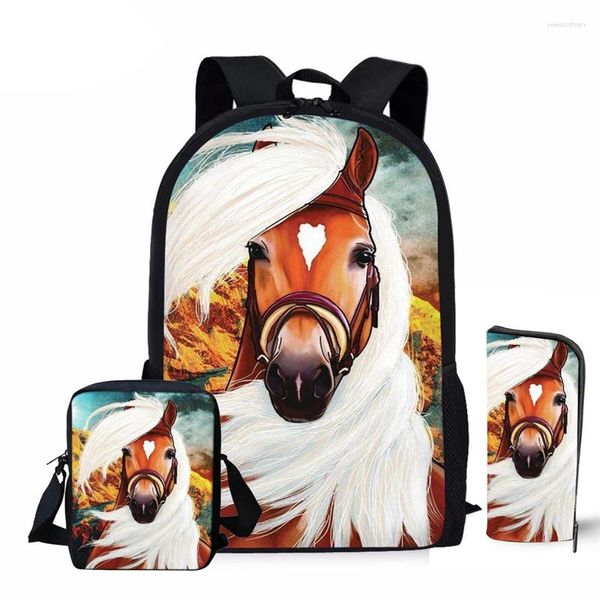 Sacs d'école mignonnes Horse 3D Print Children Children Sac à dos Sac à crayon 3PCS / Set Portfolio For Boys Girls Bookbag Book Kids Schoolbag Satchel