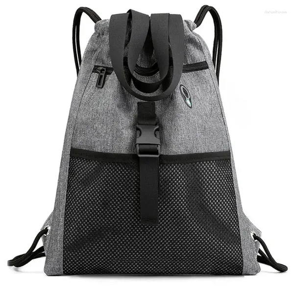 Mochilas escolares Bolsa con cordón Gimnasio con bolsillos Saco deportivo Mochila con asa Viaje para hombres Mujeres-Gris