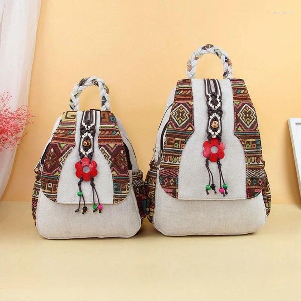 Mochilas escolares de estilo étnico, mochilas tejidas a mano con decoración de concha de coco, bonitos apliques de cuerda, mochila con cerrojo, mochila de lona para mujer