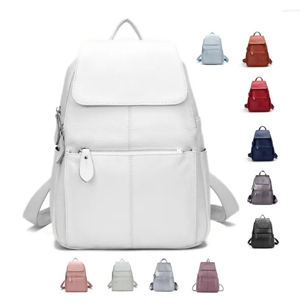 Sacs d'école Excellent cuir véritable Beige blanc jaune argent femmes sac à dos couche supérieure en peau de vache livre Shopping sac à dos