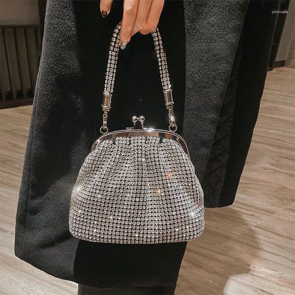 Sacs d'école Fashion Diamonds Clip Shell Femmes Sacs à main Mesh Épaule Bandoulière Glitter Strass Soirée Petit Sac À Main 2023