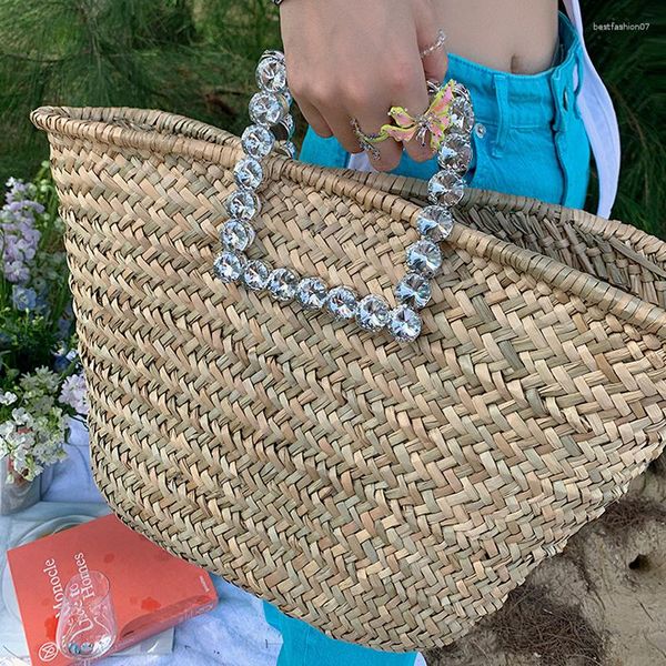 Sacs d'école Mode Diamants Poignée Sacs à main en rotin en osier tissé Big Femmes Panier Sac Casual Summer Beach Paille Grand Bali Fourre-tout Sacs à main