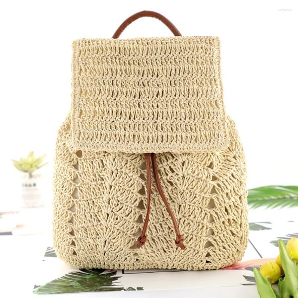 Bolsas escolares Moda Paja Hombros Mochila Tejida Mujeres Playa Vacaciones Cubo Monedero Bolsa Casual Viajes Bolsos para