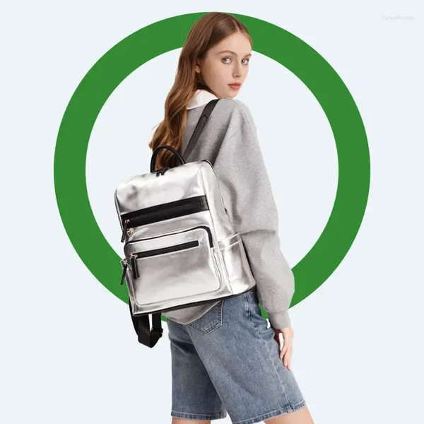 Sacs d'école tendance tendance décontracté en cuir souple Texture argentée sac à dos pour femme cadeau de noël