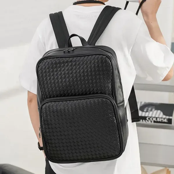 Mochilas escolares Mochila de cuero tejida a la moda para hombre, mochilas informales de gran capacidad para hombre, mochila de viaje de estilo coreano, bolso de hombro masculino