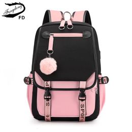 Sacs d'école Fengdong grands sacs d'école pour adolescentes Port USB toile cartable étudiant livre sac mode noir rose adolescent école sac à dos 230727