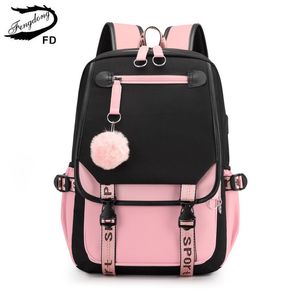 Schooltassen Fengdong grote schooltassen voor tienermeisjes USB-poort canvas schooltas student boekentas mode zwart roze tiener schoolrugzak 230809