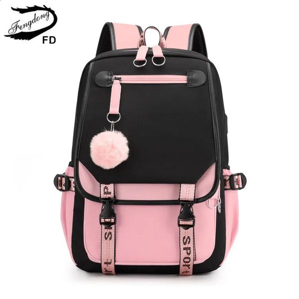 Sacs d'école Fengdong grands sacs d'école pour adolescentes port USB toile cartable étudiant livre sac mode noir rose adolescent école sac à dos 231214