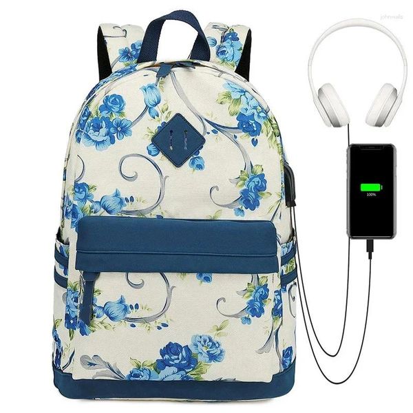 Bolsas escolares Mochila de flores Adolescentes Estudiante Puerto USB Auricular Jack Travel Girl Floral Schoolbag