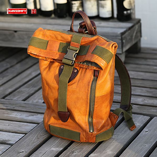 Sacs d'école en cuir véritable hommes sac à dos grande capacité hommes seau sac Portable sac à main peau de vache en plein air Camping voyage sacs à dos cartable 230728