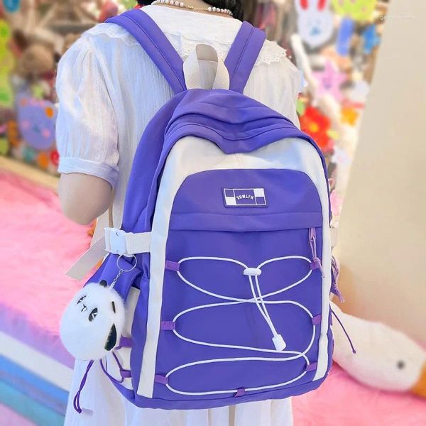 Mochilas escolares para niña, mochila de viaje con cuerda cruzada morada, bolso de moda para mujer, bolso Kawaii para mujer, ordenador portátil para estudiante universitario