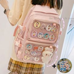 Bolsas escolares Niñas Mochila grande rosa Ita con dos bolsillos transparentes para exhibición de pines Mujeres Big Kawaii Bag Insert Plate H221 230826