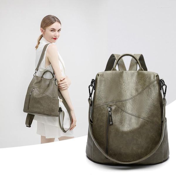 Sacs d'école sac à dos vert femmes sacs à dos en cuir Vintage urbain imperméable grande poche sac à dos affaires femme sac de voyage antivol