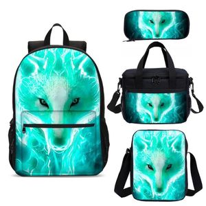 Sacs d'école motif de loup vert, sac à dos imprimé en 3D, ensemble de 4 pièces, sac pour enfant étudiant, livre de retour au cadeau 207x