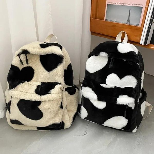 Sacs d'école coeur impression sac à dos en peluche pour fille mignon moelleux hiver sacs à dos enfants enfants cadeau livre sac Mochilas Para Mujer