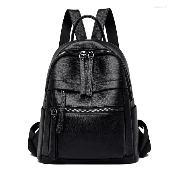 Sacs d'école de haute qualité en cuir véritable noir blanc femmes sacs à dos de luxe dame fille première couche peau de vache femme livre style sac à dos