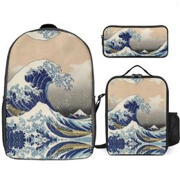 Schooltassen Japanse geweldige golven 3 in 1 set Backpack Lunch Bag Pen Casual comfortabele laptop voor tieners Kinderboek