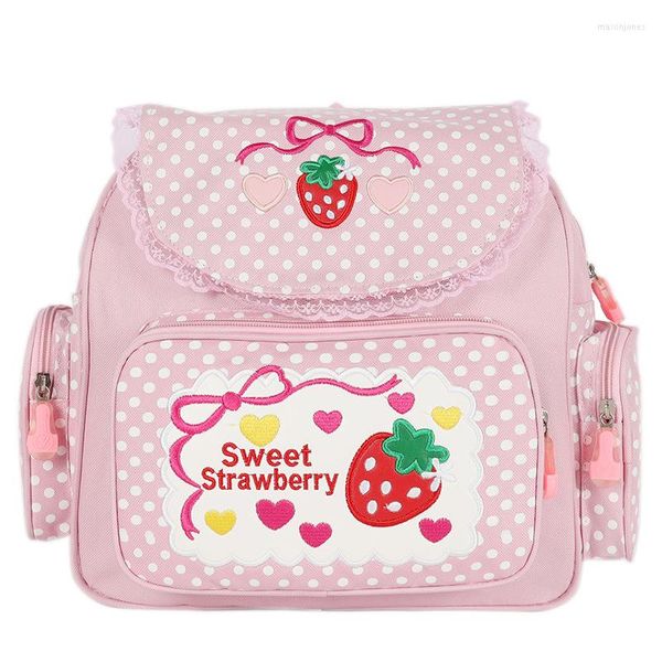 Sacs d'école Style japonais dessin animé fraise broderie cartable étudiant filles Lolita dentelle sac à dos