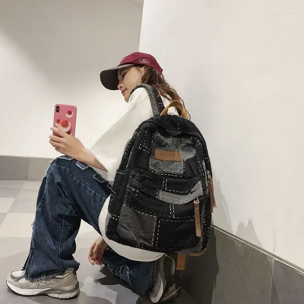 Sacs d'école japonais tendance Cool Patch couleur contrastante femmes sac à dos grande capacité tout Match Denim mode voyage