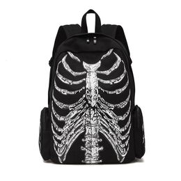 JIEROTYX Toile Sac À Dos Halloween Multifonctionnel Sacs D'école Unisexe Crâne Squelette Imprimé Sac À Dos Gothique Designer Sac De Voyage 231013