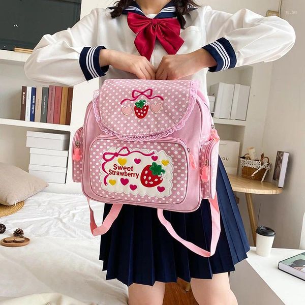 Bolsas escolares Kawaii Kids Mochila Bolsa Linda Fresa Bordado Estudiante Mochila Dots Multi-Bolsillo Nylon Moda Universidad para Adolescente