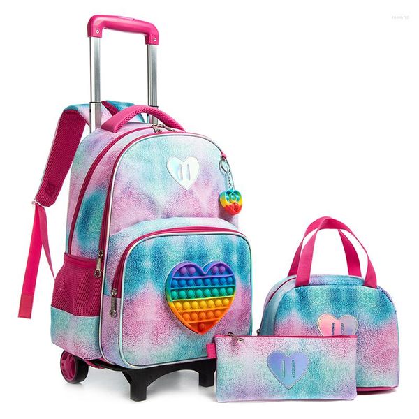Sacs d'école enfants sac à roulettes ensemble pour filles rouleau roulant bagages sac à dos chariot avec étui à crayons déjeuner