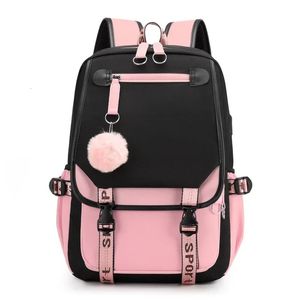 Sacs d'école grands sacs d'école pour adolescentes port USB toile cartable étudiant livre sac mode noir rose adolescent école sac à dos 231219