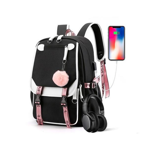 Sacs d'école grands sacs d'école pour adolescentes Port USB toile cartable étudiant livre sac mode noir rose adolescent école sac à dos 230729