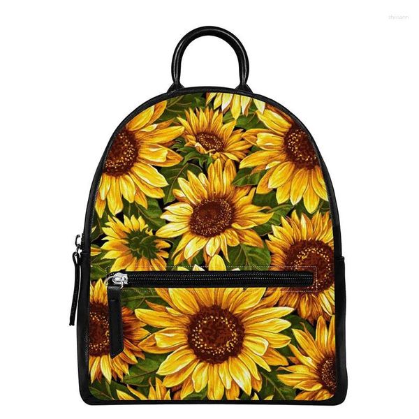 Sacs d'école en cuir femmes sac à dos mignon tournesol imprimé floral dames en plein air marche shopping sac à dos adolescentes chaîne épaule