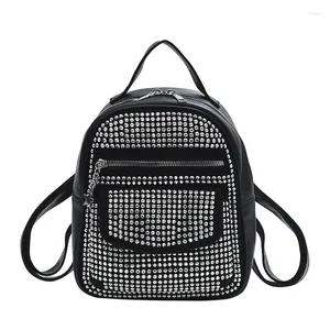 Sacs d'école Sac à dos de luxe Designer Femme Brillant Strass Multi Poche Sac à dos en cuir Style Punk Filles Voyage Noir Petit sac à bandoulière