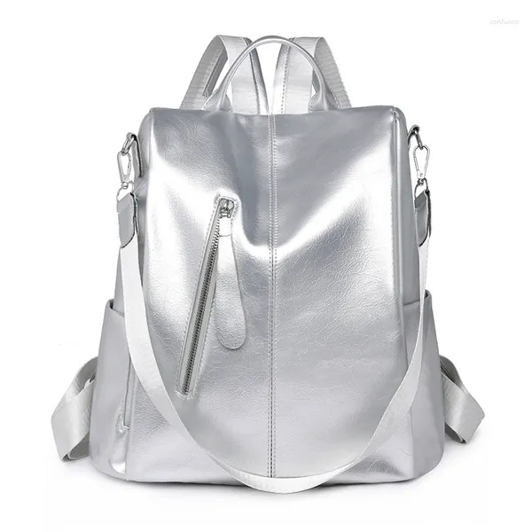 Sacs d'école Sacs à dos de luxe de style design pour femmes, cartable multi-zip pour dames, argent, cuir souple de haute qualité, épaule pour filles 50