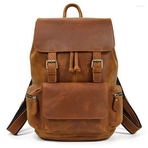 Bolsas escolares Maheu Mochila de cuero de los hombres Crazy Horse Bagpack Moda envejecida Bolsa masculina Viaje Piel de vaca Gota