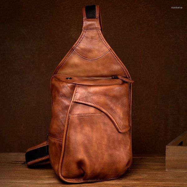 Sacs d'école Mantime / Slow Time Retro Trendy Handmade Genuine Leather Chest Bag Men 'S Small Shoulder Sports Messenger First Layer Co