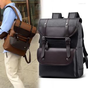 Mochilas escolares masculinas, mochilas escolares grandes de couro para laptop, mochilas retrô para adolescentes meninos, cor marrom e preta