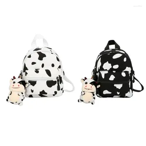 Sacs d'école Mini sac à dos en toile avec pendentif en peluche sac à dos imprimé vache pour femmes dame filles voyage en plein air Shopping