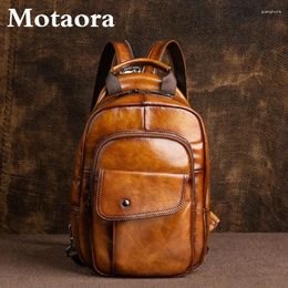 Sacs d'école Motaora Men's Retro Mini Backpack 2024 en cuir authentique Sac à dos multifonctionnel pour les hommes