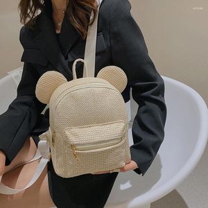 Sacs d'école Oreilles de souris Sac à dos pour femme 2024 Été Mini sacs à dos en paille pour filles Kawaii Sac à bandoulière Sac à dos coréen Sac à dos ours 3D