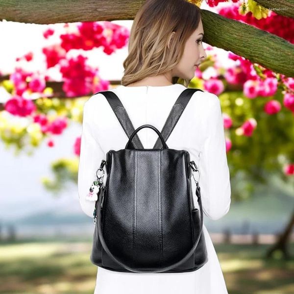 Mochilas escolares multifunción de gran capacidad para mujer, mochila de viaje, primera capa de moda, bolso trasero de cuero de vaca, tres correas, informal, combina con todo