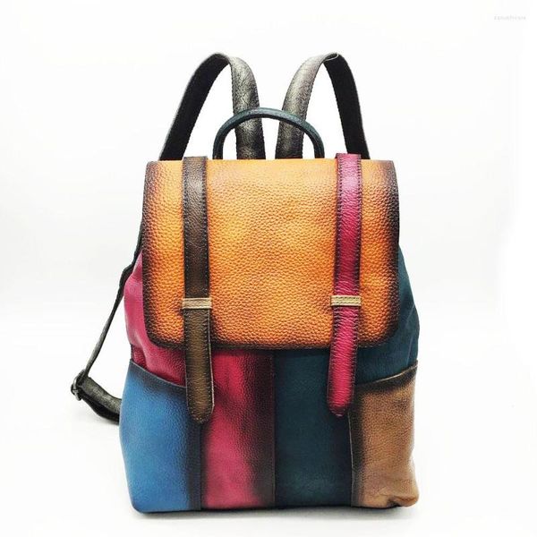 Sacs d'école multicolore patchwork designer sac à dos en cuir véritable femmes véritable sac 2023 étudiants de travail de bureau