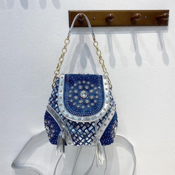 Bolsas escolares Multifuctional Denim Mujeres Mochila Bolso Jeans con diamantes Bolso de hombro Mini Tote lindo