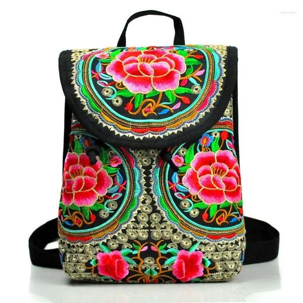 Mochilas escolares con bordado nacional para mujer, mochilas con cubierta de compras, bonita mochila de lona con bordado floral para mujer, mochila bohemia