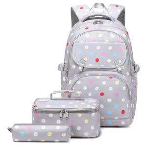 Sacs d'école primaire pour filles, ensemble de 3 pièces, cartable étanche pour enfants, sac à dos avec étui à crayons, boîte à déjeuner, sac de livre imprimé à pois 231206