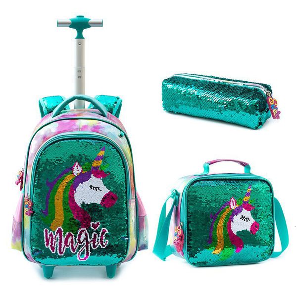 Sacs d'école Sac à dos à roulettes pour filles Primaire Sac à roulettes Enfants Trolley Lunch Set avec 230729