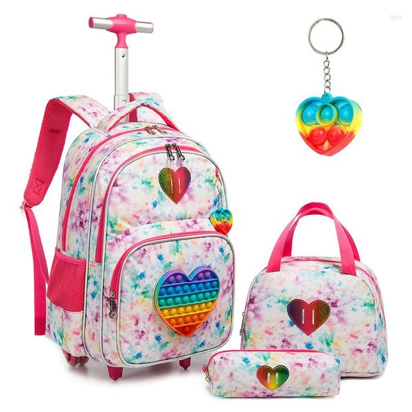 Mochilas escolares Mochila con ruedas para niñas Mochilas con ruedas Estudiante de primaria Niños Carro con ruedas Equipaje de viaje con caja de almuerzo Estuche para lápices