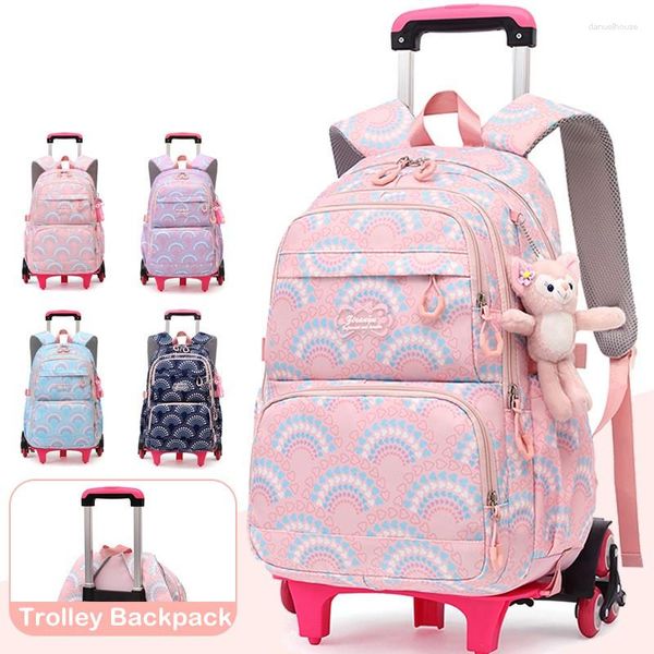 Sacs d'école roulant pour filles, sac à dos pour enfants, sacs à dos imperméables avec roulettes, chariot central, sac à dos