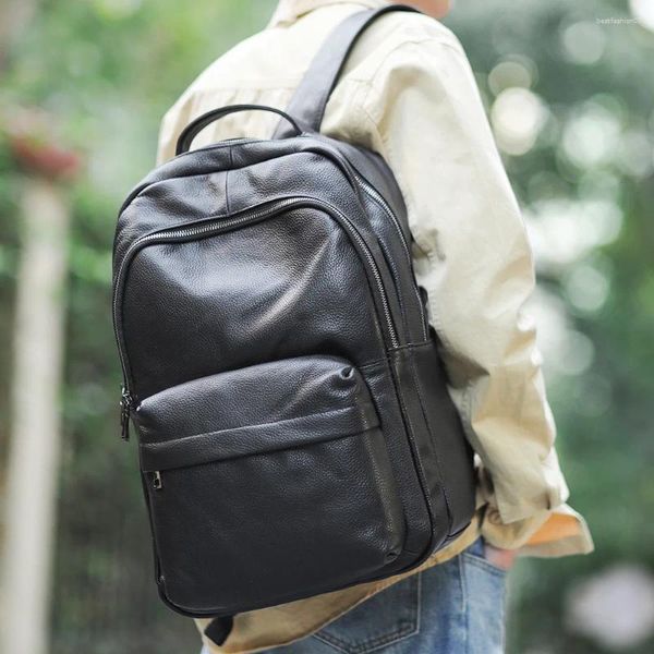 Mochilas escolares, mochila de cuero de vaca suave, mochila de viaje auténtica, bolsa para hombre, ordenador portátil grande de 15,6 