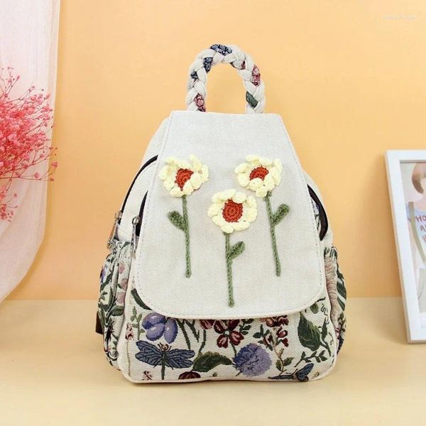 Bolsas escolares Venta superior Apliques de cuerdas nacionales Mujeres Compras Backrack! Bonitos estampados bohemios Multi-cremalleras Backruck Canvas Ladt Mochilas