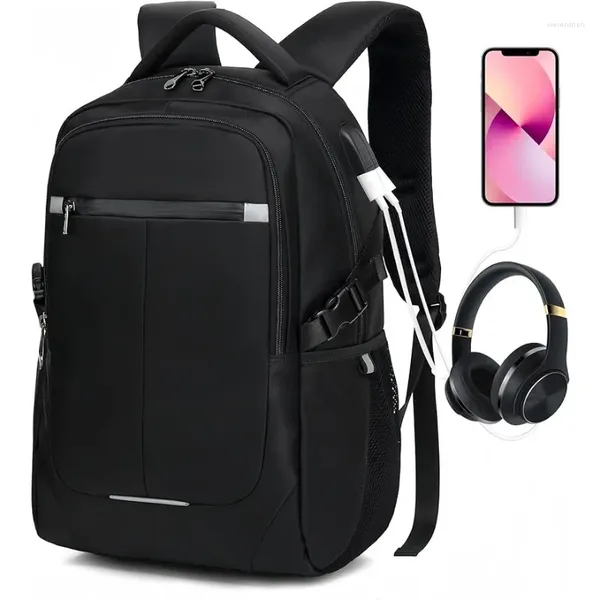 Bolsas escolares Viajes Negocios Mochila impermeable para computadora portátil con carga USB externa y bolsa de puerto para auriculares puede contener 15,6 pulgadas