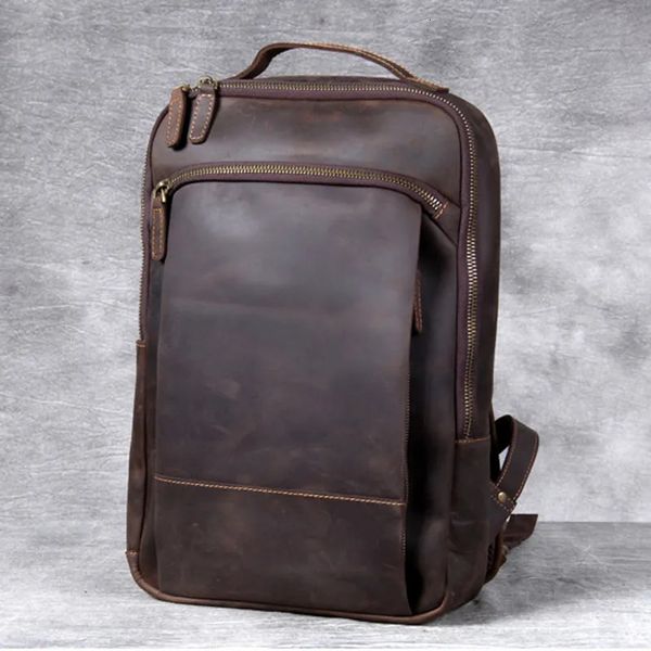 Mochilas escolares Vintage Crazy Horse Mochila de cuero genuino Hombres Mochila Laptop Cuero Mochila diaria Mochila masculina Trave Senderismo Mochila Grande 230927