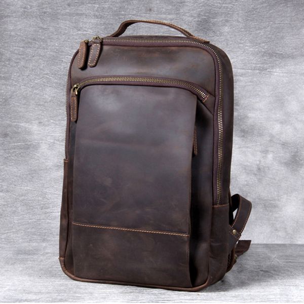 Mochilas escolares Vintage Crazy Horse Mochila de cuero genuino Hombres Laptop Mochila diaria Mochila masculina Trave Senderismo Mochila grande 230729